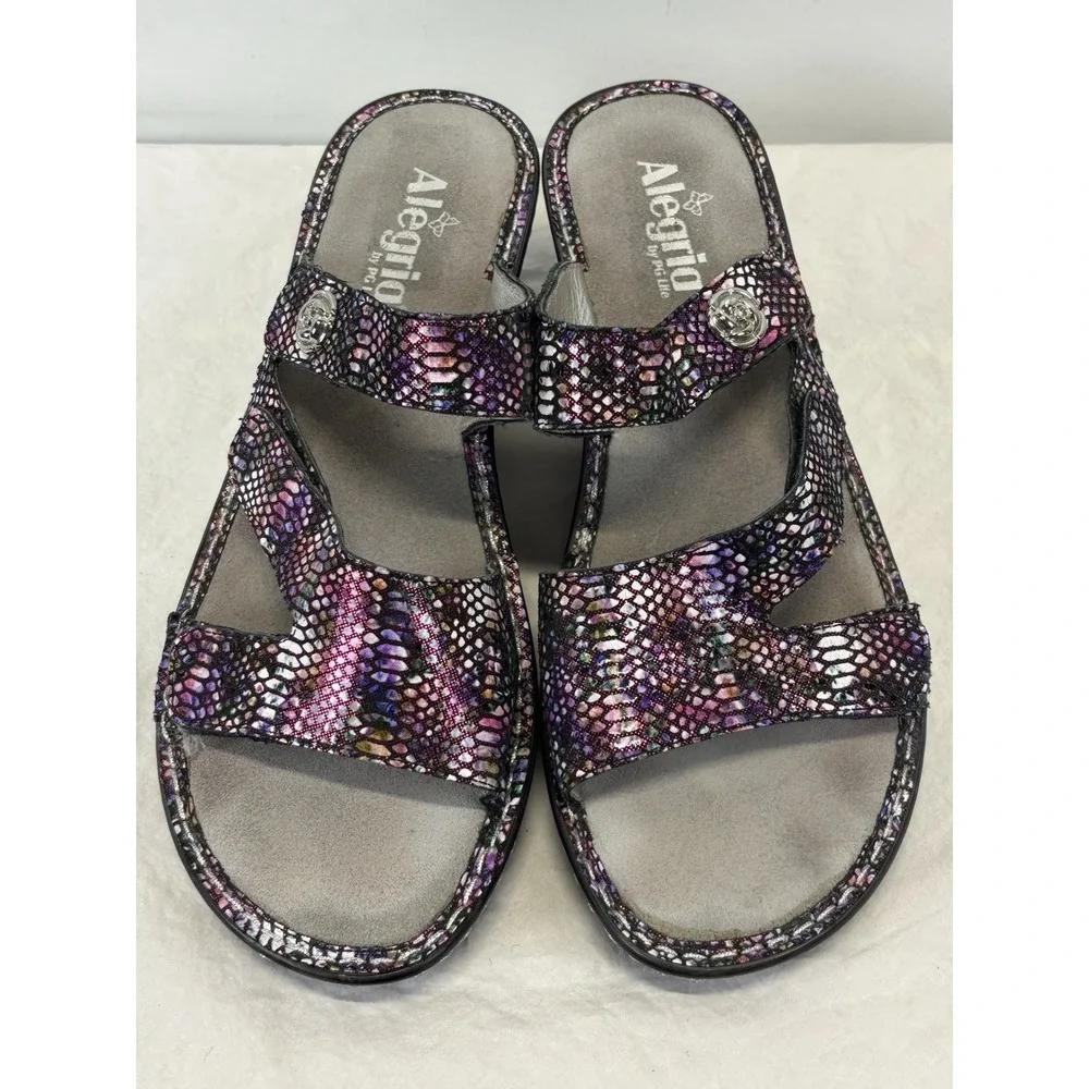 Alegria Loti Funtastic Slip-on Leather Wedge Sandal EU 41 10 Purple Snakeskin
